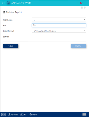 Bin Label Reprint screen