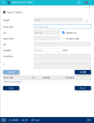 TrackID Creation screen
