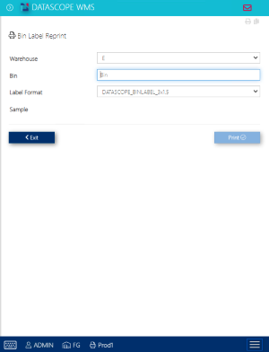HTML Bin Label Reprint screen.
